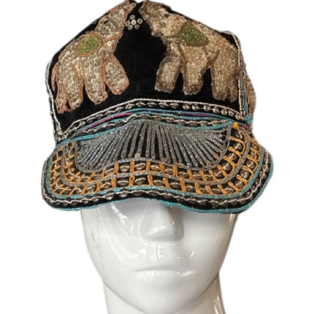 Vintage Burmese Velvet Embellished Black Multi Elephant Baseball Cap Size OS - Picture 2 of 14